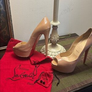 Christian Louboutin “Lady Peep” Nude & Red Used Platform Pumps w duster bag/rp